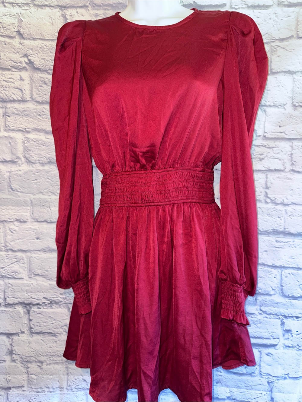 glam Burgundy Long Sleeve Smocked Waist Mini Dress Size Small